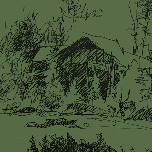 pen and ink sketch of lake house