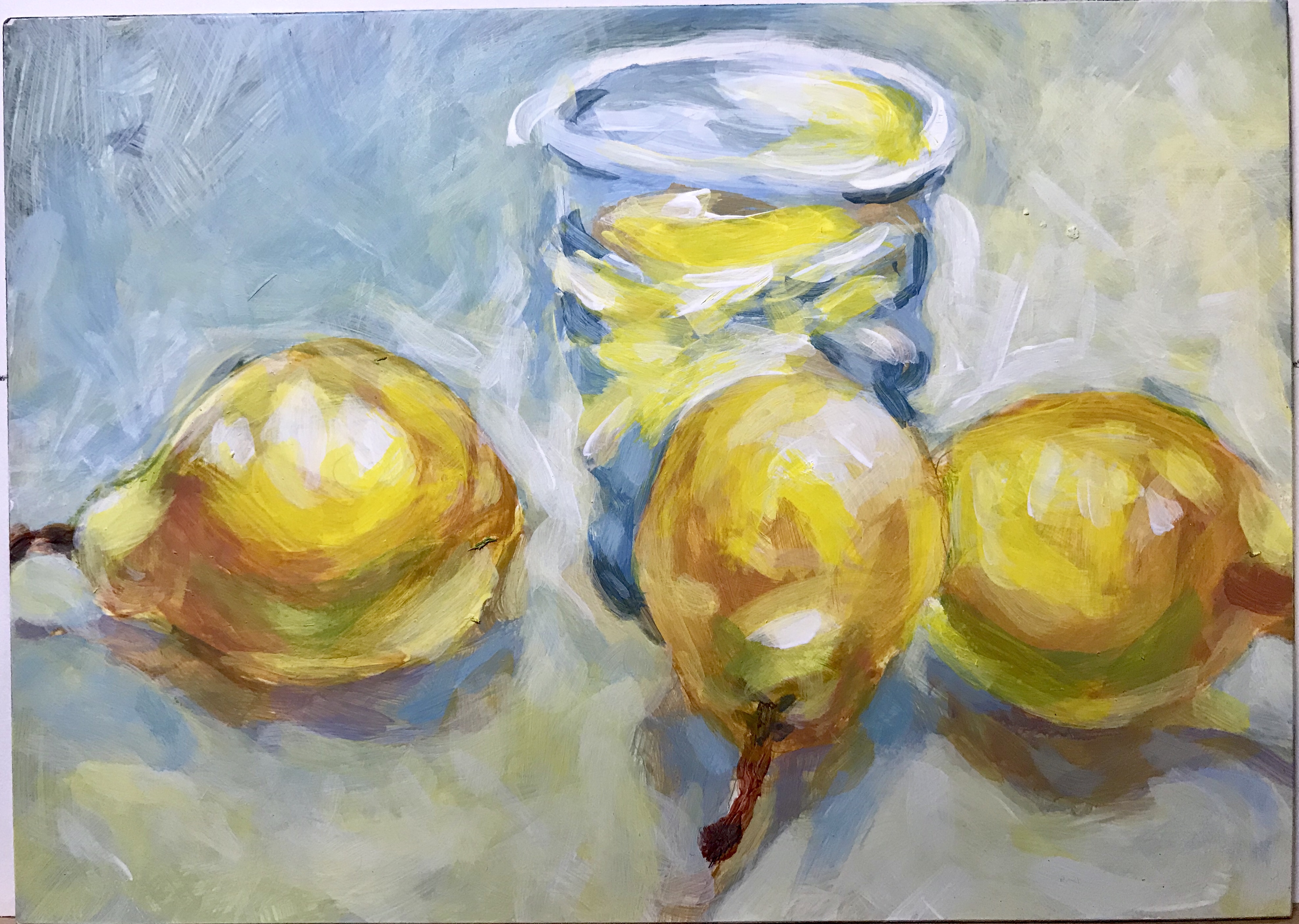 acrylic painting of a glass of lemonade and anjou pears